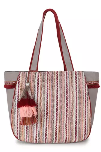 Geomat Grey, Maroon & Multi Cotton Acrylic Striped Jacquard Tote Bag