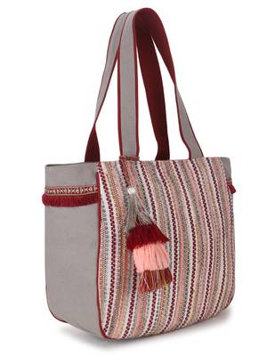 Geomat Grey, Maroon & Multi Cotton Acrylic Striped Jacquard Tote Bag 3