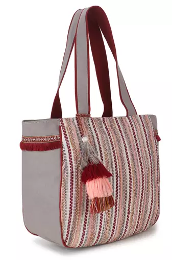 Geomat Grey, Maroon & Multi Cotton Acrylic Striped Jacquard Tote Bag