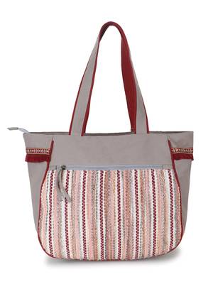 Geomat Grey, Maroon & Multi Cotton Acrylic Striped Jacquard Tote Bag 4