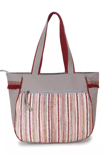 Geomat Grey, Maroon & Multi Cotton Acrylic Striped Jacquard Tote Bag