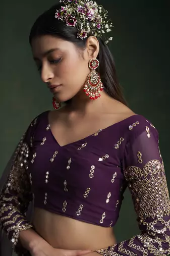 Wine Zari And Gota Work Embroidered Georgette Lehenga Choli