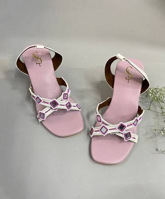 Pink mirror criss cross straps block heels 1
