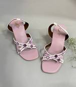 Pink mirror criss cross straps block heels