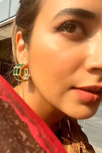 Green chandelier baguette hoops