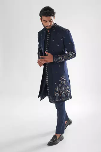 Navy blue naval achkan set