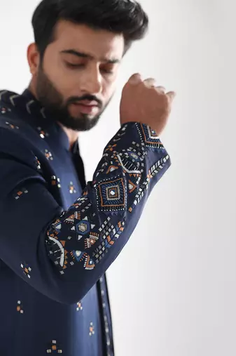 Navy blue naval achkan set