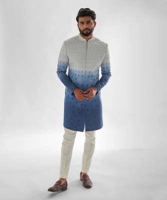 Cream & blue sunset achkan set 1