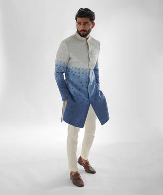 Cream & blue sunset achkan set 2
