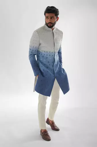 Cream & blue sunset achkan set