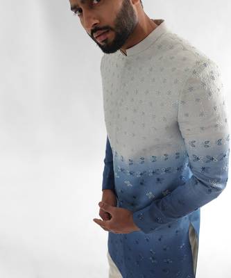 Cream & blue sunset achkan set 4