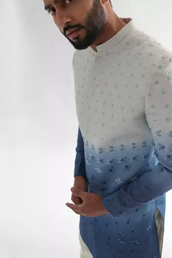 Cream & blue sunset achkan set