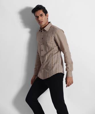 Beige symbols cotton linen shirt 1