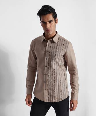 Beige symbols cotton linen shirt 4
