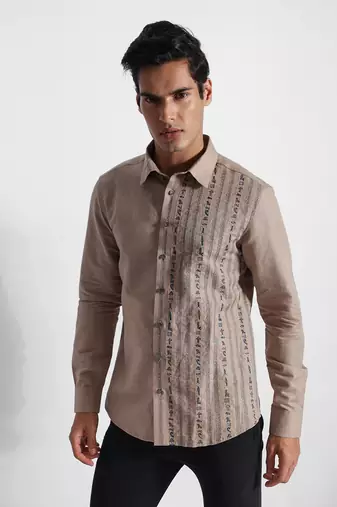 Beige symbols cotton linen shirt