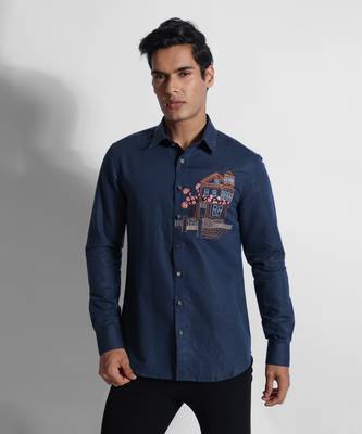 Indigo cherry blossom cotton linen shirt 1