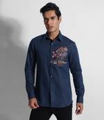Indigo cherry blossom cotton linen shirt