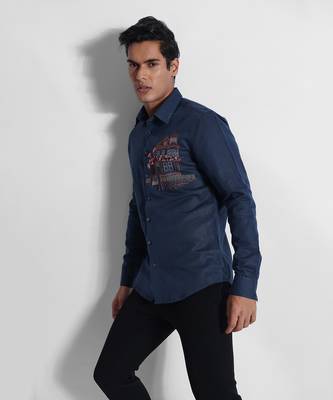 Indigo cherry blossom cotton linen shirt 2