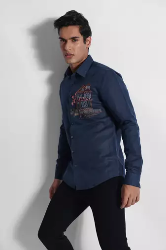 Indigo cherry blossom cotton linen shirt