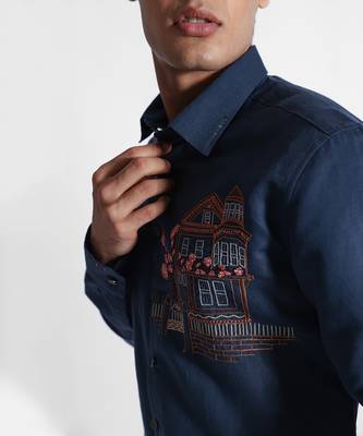 Indigo cherry blossom cotton linen shirt 4