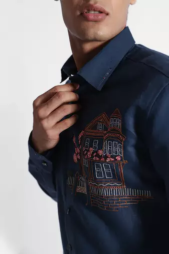 Indigo cherry blossom cotton linen shirt
