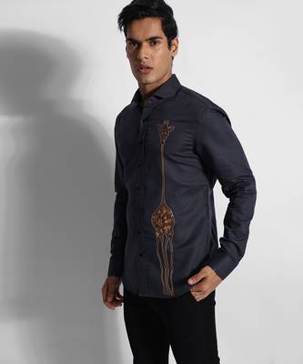 Greyish blue giraffe cotton linen shirt 2