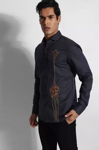 Greyish blue giraffe cotton linen shirt