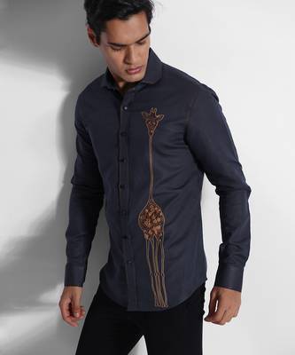 Greyish blue giraffe cotton linen shirt 3