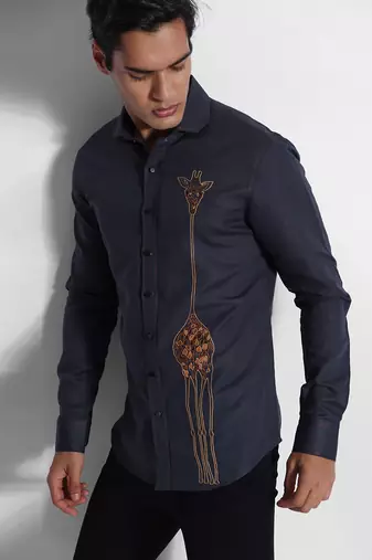 Greyish blue giraffe cotton linen shirt
