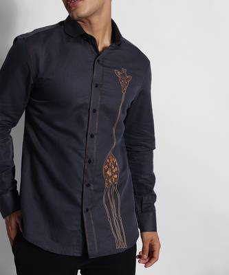 Greyish blue giraffe cotton linen shirt 1