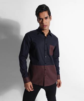Navy blue & brown giza cotton shirt 1