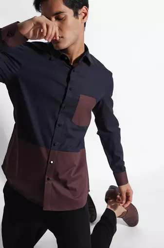 Navy blue & brown giza cotton shirt
