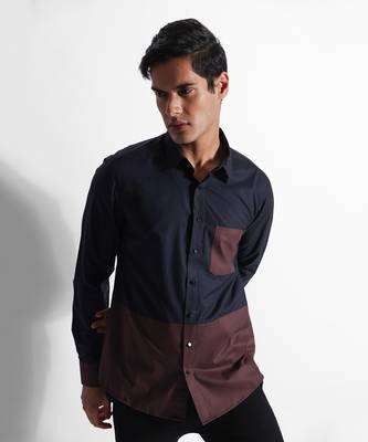 Navy blue & brown giza cotton shirt 4