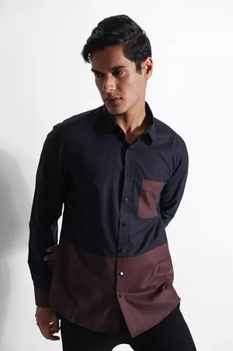 Navy blue & brown giza cotton shirt