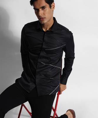 Black leather criss cross giza cotton shirt 1