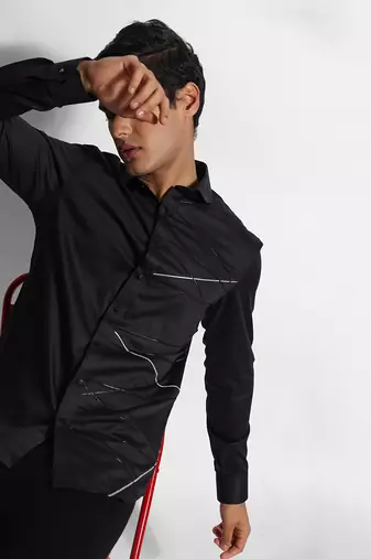 Black leather criss cross giza cotton shirt