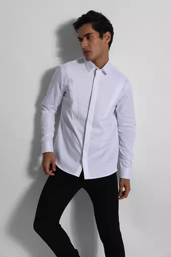 White barfi quilting and straight pintucks giza cotton shirt
