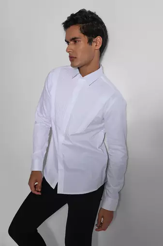 White barfi quilting and straight pintucks giza cotton shirt
