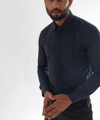 Midnight blue zigzag pintucks and quilting giza cotton shirt 2