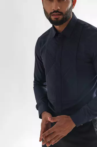 Midnight blue zigzag pintucks and quilting giza cotton shirt