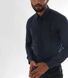 Midnight blue zigzag pintucks and quilting giza cotton shirt