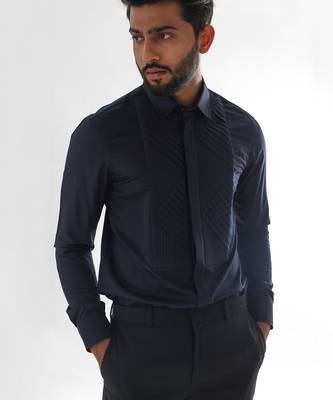 Midnight blue zigzag pintucks and quilting giza cotton shirt 1