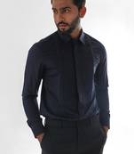 Midnight blue zigzag pintucks and quilting giza cotton shirt