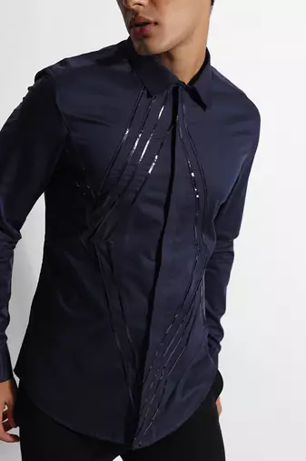 Dark blue diamond strip giza cotton shirt