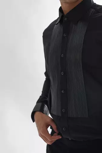 Black leather cord giza cotton shirt