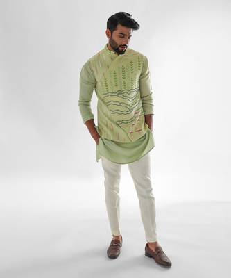 Mint green flamingo nehru jacket set 1