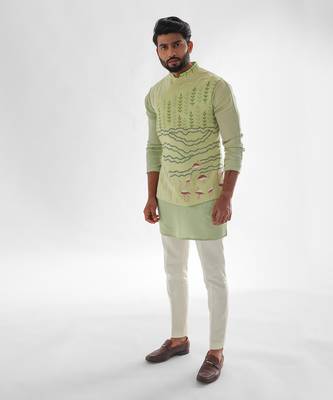 Mint green flamingo nehru jacket set 2