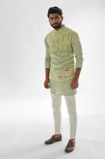 Mint green flamingo nehru jacket set
