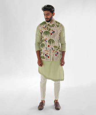 Cream & mint green woodpecker nehru jacket set 1