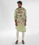 Cream & mint green woodpecker nehru jacket set